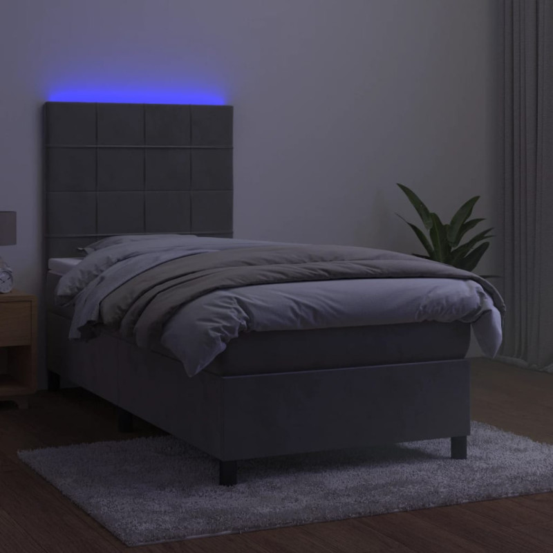 Łóżko kontynentalne z materacem i LED, szare 90x190 cm, aksamit