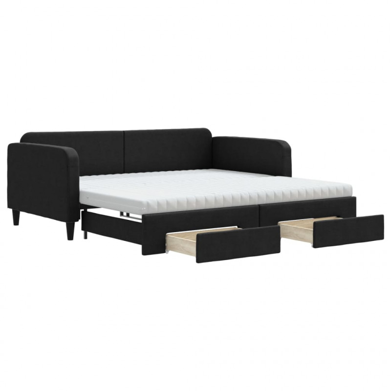 Sofa rozsuwana z szufladami, czarna, 100x200 cm, tkanina
