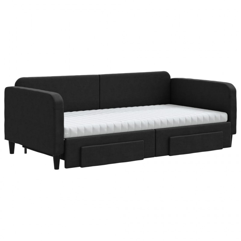 Sofa rozsuwana z szufladami, czarna, 100x200 cm, tkanina
