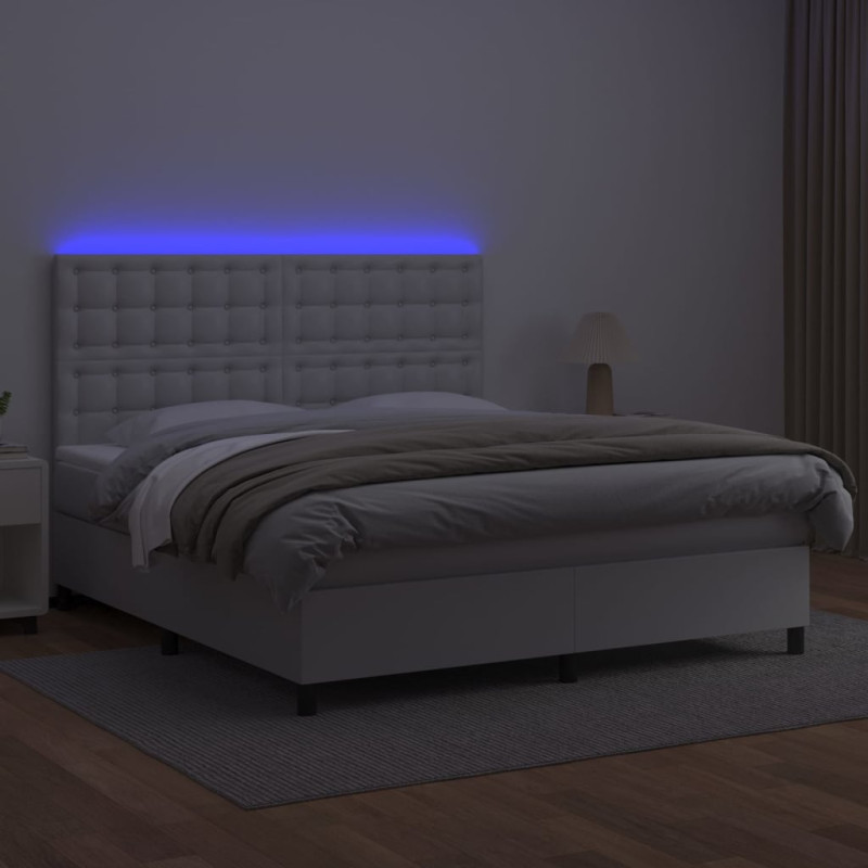 Łóżko kontynentalne z materacem i LED, biała ekoskóra 180x200cm
