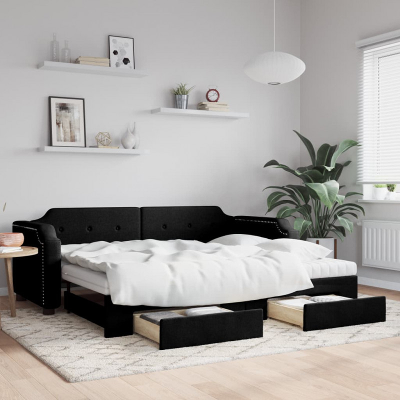 Sofa rozsuwana z szufladami, czarna, 80x200 cm, tkanina