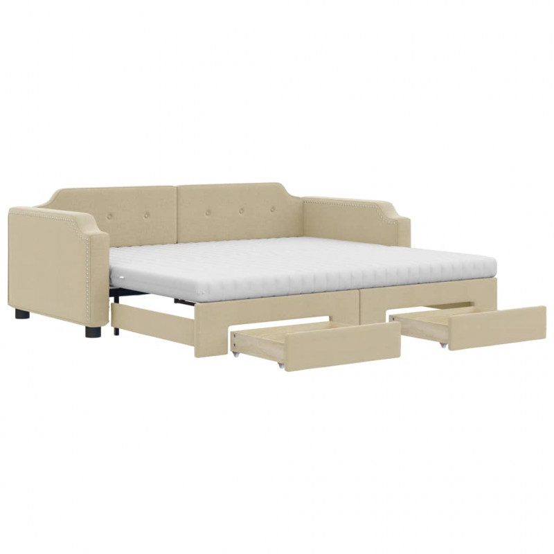 Sofa rozsuwana z szufladami, kremowa, 80x200 cm, tkanina