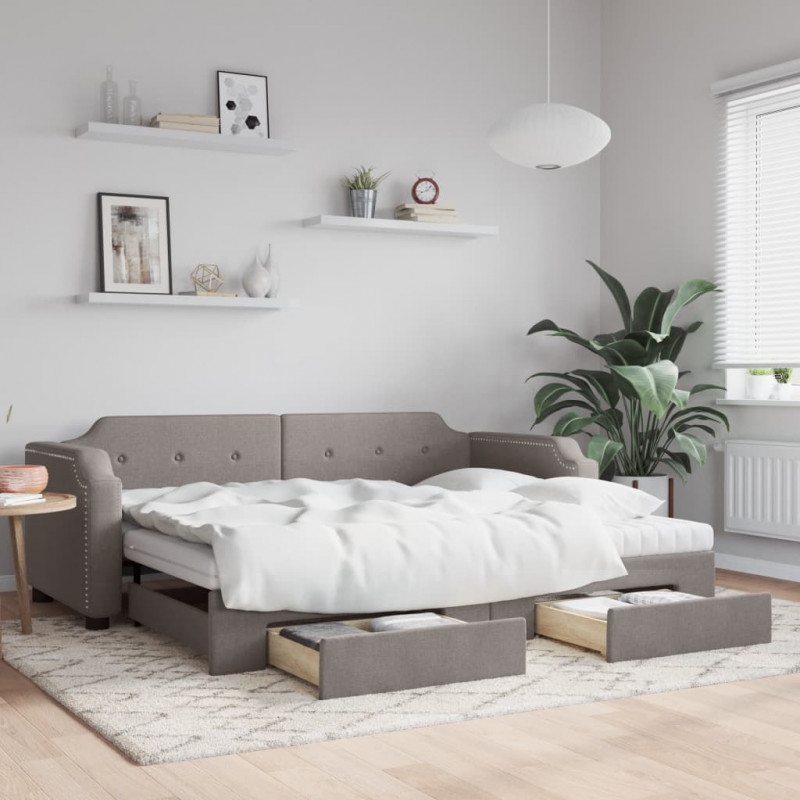 Sofa rozsuwana z szufladami, taupe, 90x200 cm, tkanina