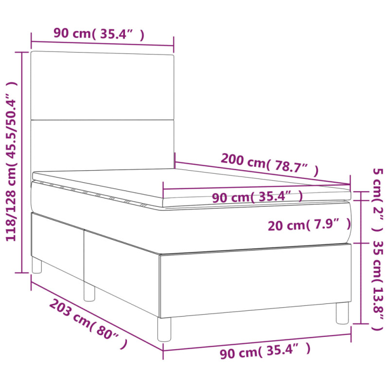 Łóżko kontynentalne, materac i LED, niebieski aksamit 90x200 cm