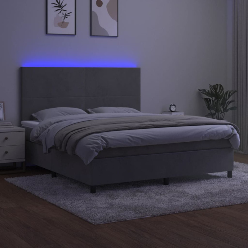 Łóżko kontynentalne z materacem i LED, szare 180x200cm, aksamit
