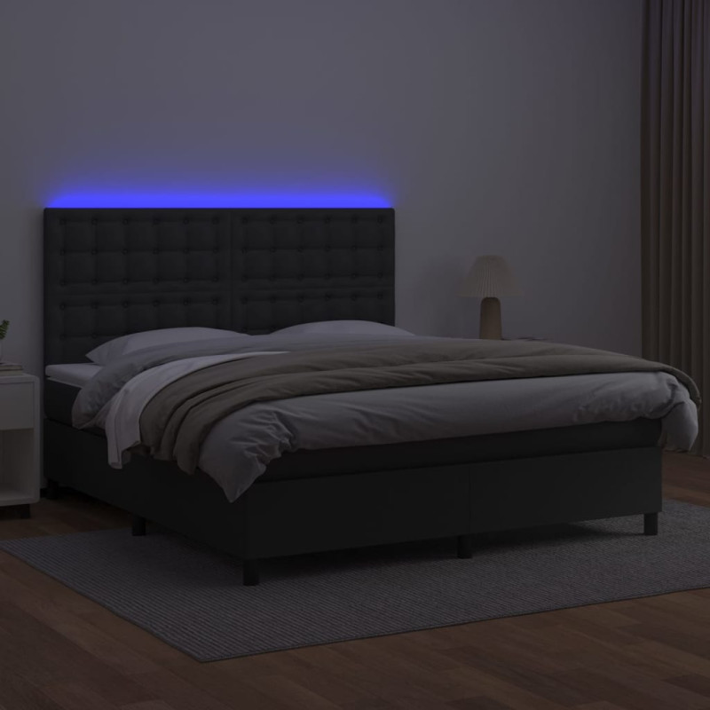 Łóżko kontynentalne z materacem i LED czarna ekoskóra 160x200cm