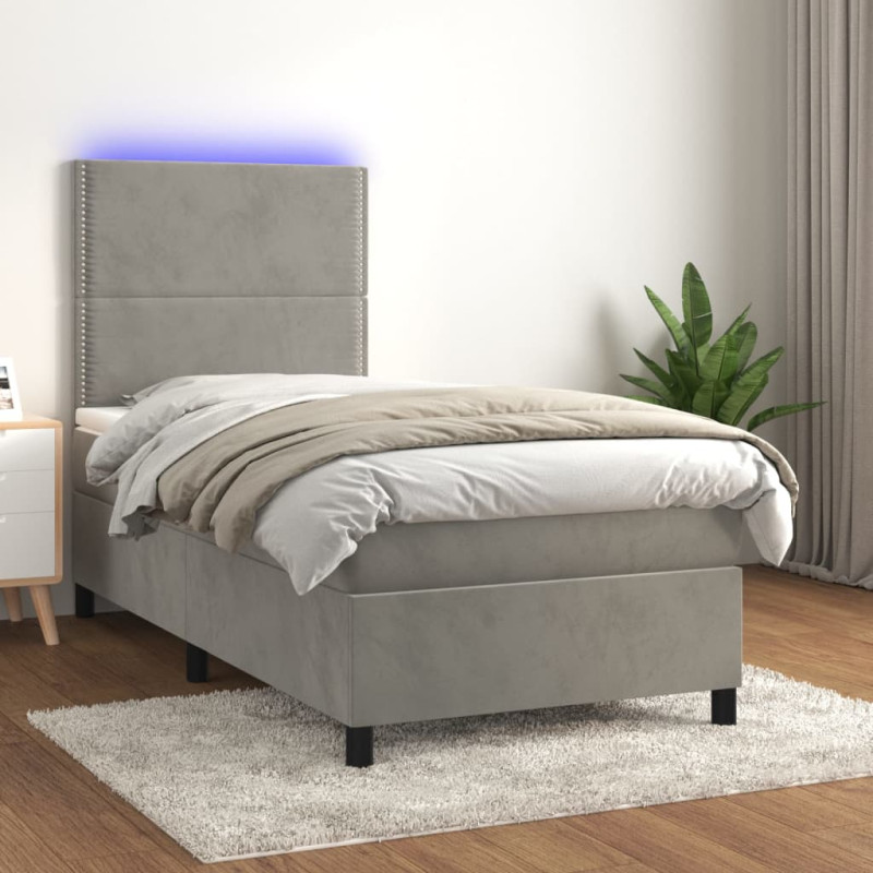 Łóżko kontynentalne z materacem i LED, szare 90x200 cm, aksamit