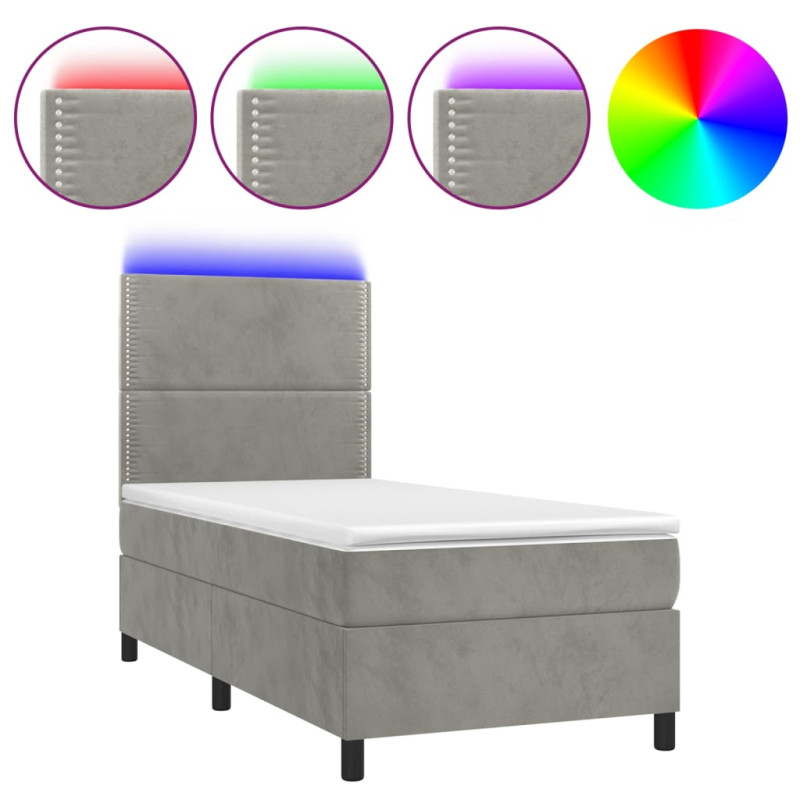 Łóżko kontynentalne z materacem i LED, szare 90x200 cm, aksamit