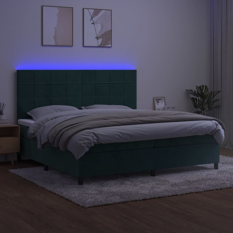 Łóżko kontynentalne z materacem i LED zielony aksamit 200x200cm