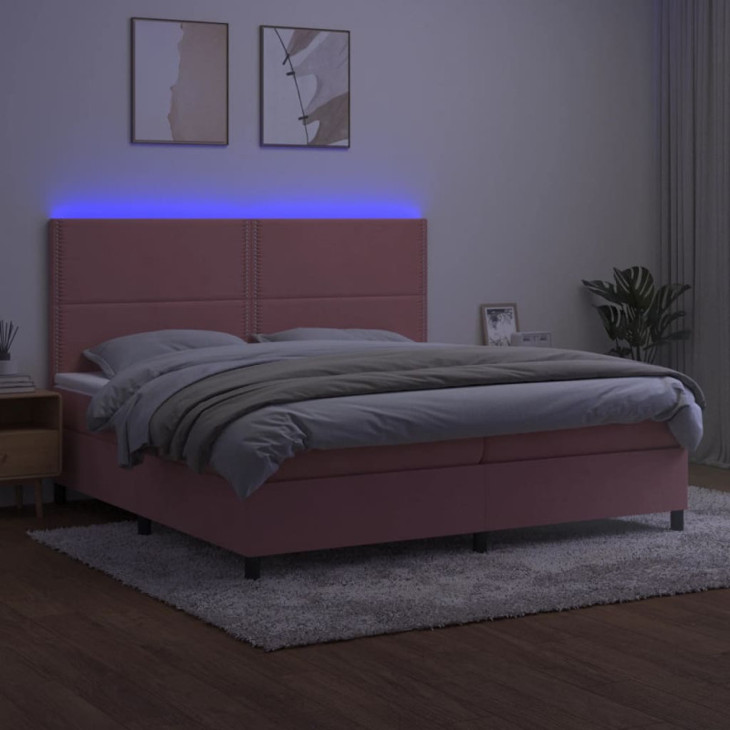 Łóżko kontynentalne z materacem i LED, różowy aksamit 200x200cm