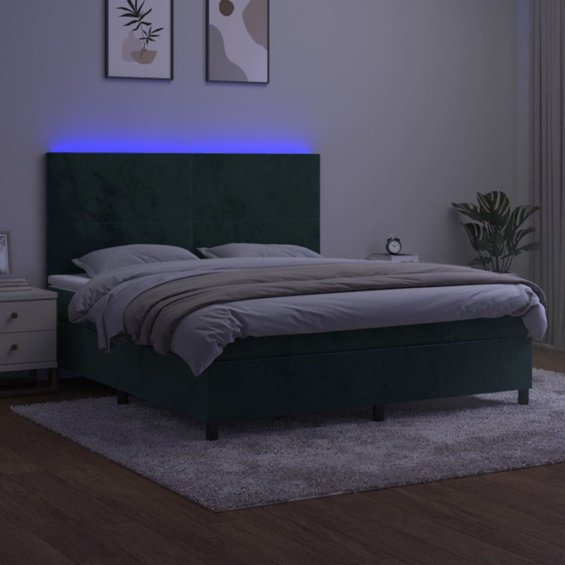 Łóżko kontynentalne z materacem i LED zielony aksamit 180x200cm