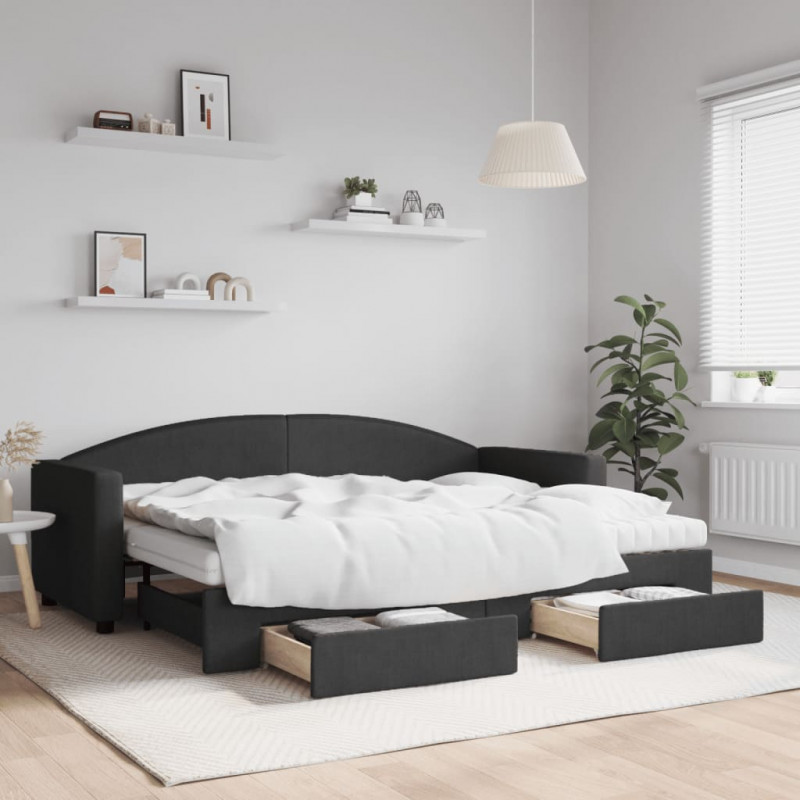 Sofa rozsuwana z szufladami, czarna, 80x200 cm, tkanina