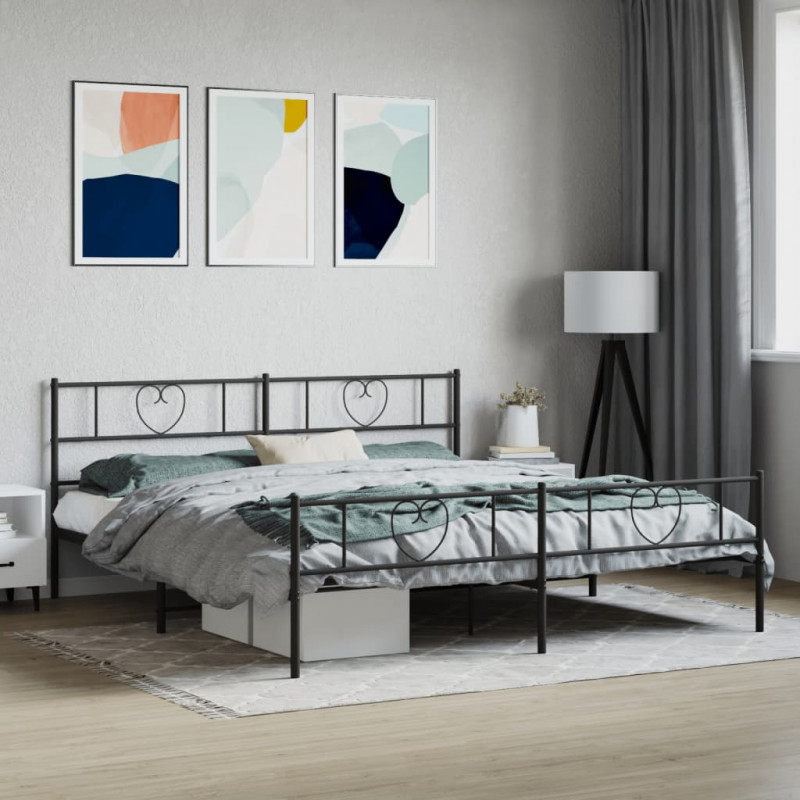Metalowa rama łóżka z wezgłowiem i zanóżkiem, czarna, 200x200cm