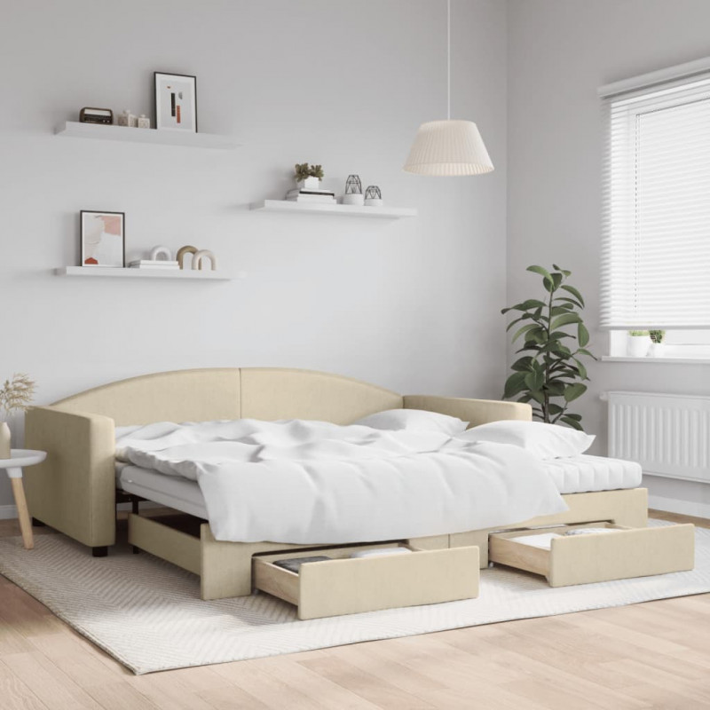Sofa rozsuwana z szufladami, kremowa, 100x200 cm, tkanina