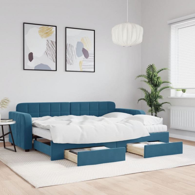 Sofa rozsuwana z szufladami, niebieska, 80x200 cm, aksamit