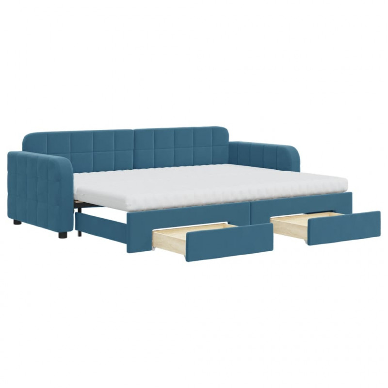 Sofa rozsuwana z szufladami, niebieska, 80x200 cm, aksamit