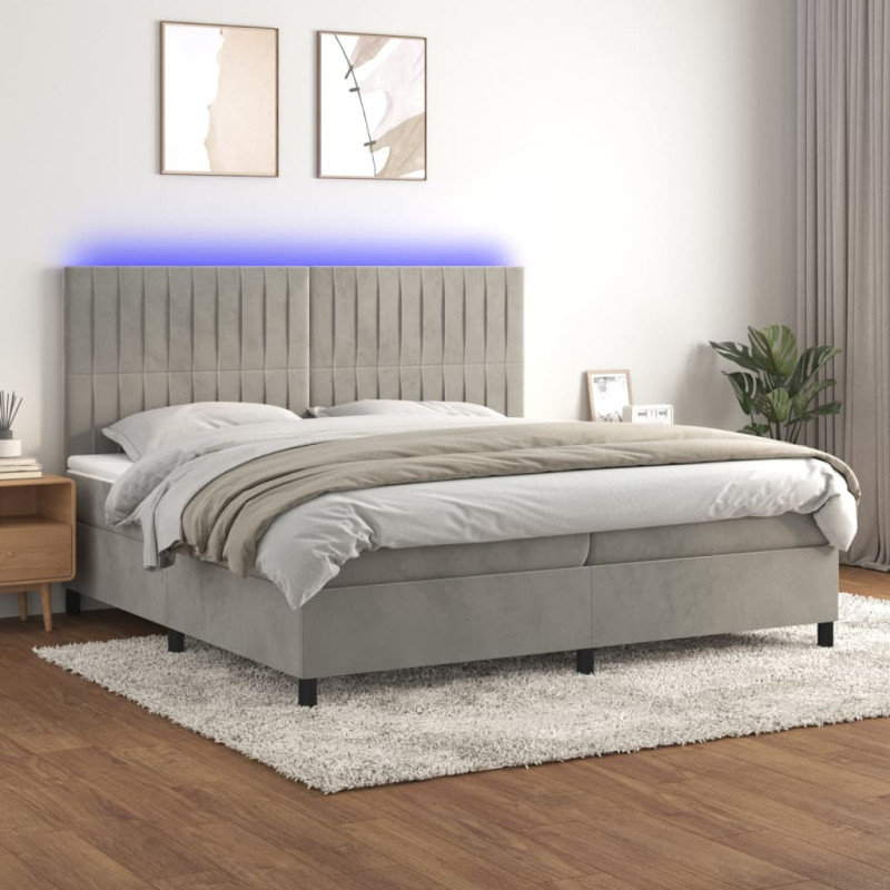 Łóżko kontynentalne z materacem i LED, szare 200x200cm, aksamit