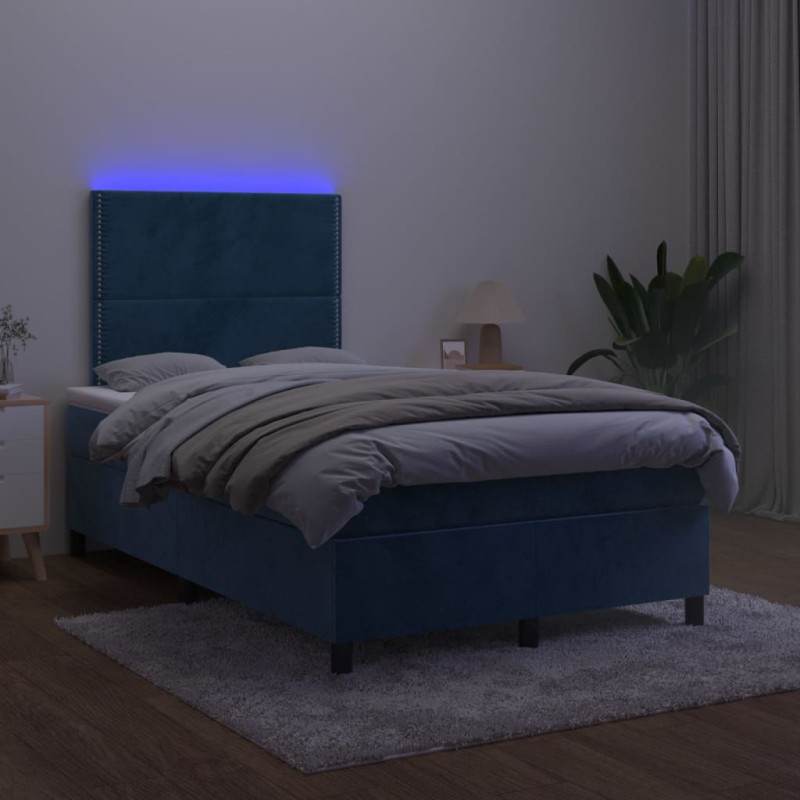 Łóżko kontynentalne, materac i LED, niebieski aksamit 120x200cm