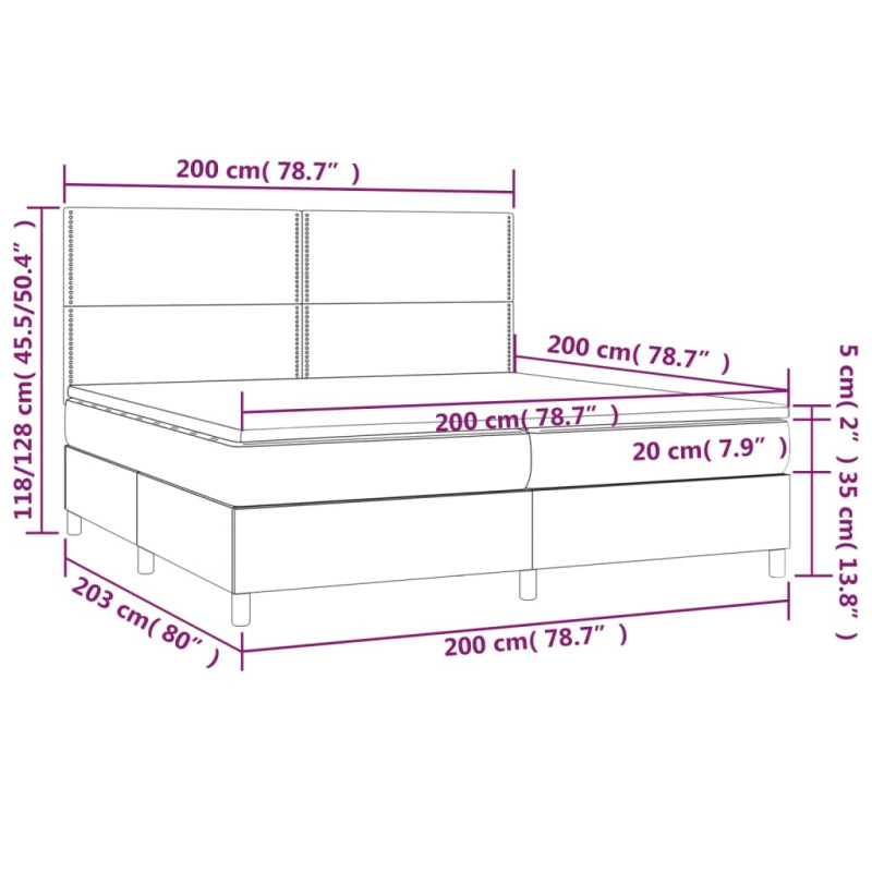 Łóżko kontynentalne z materacem i LED, szare 200x200cm, aksamit
