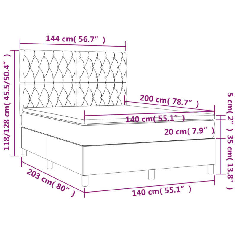 Łóżko kontynentalne z materacem i LED, szare 140x200cm, aksamit