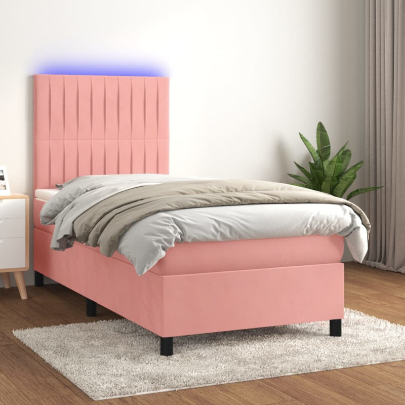 Łóżko kontynentalne z materacem i LED, różowy aksamit 80x200 cm