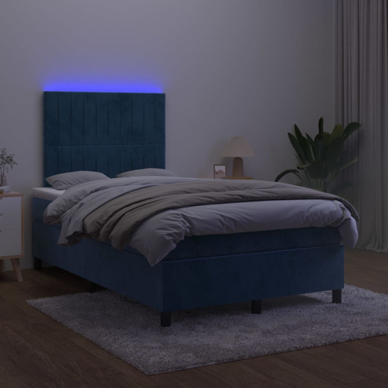 Łóżko kontynentalne, materac i LED, niebieski aksamit 120x200cm