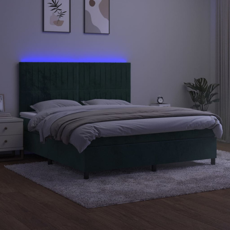Łóżko kontynentalne z materacem i LED zielony aksamit 160x200cm