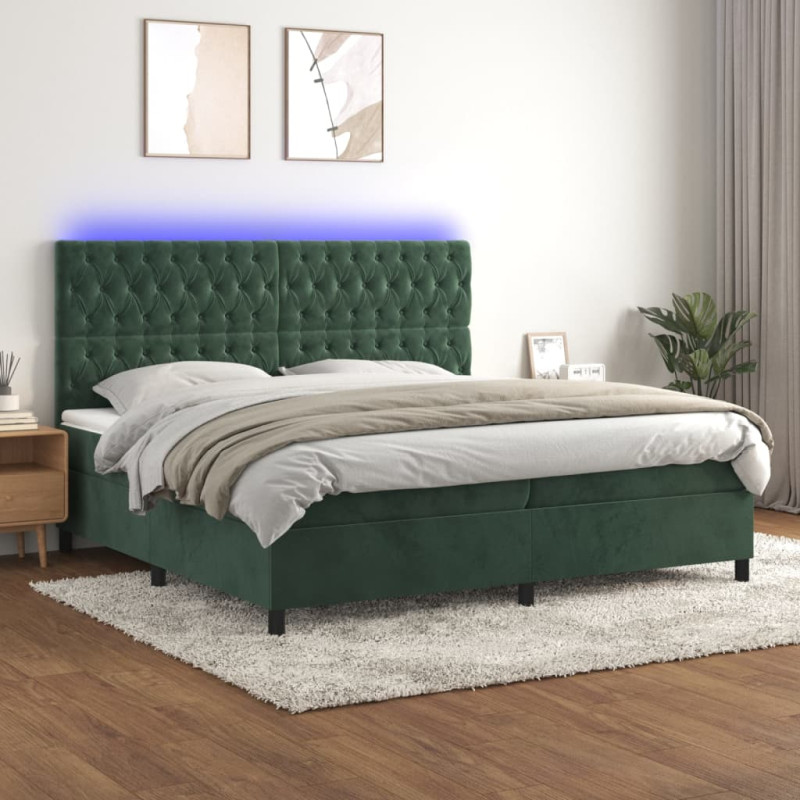 Łóżko kontynentalne z materacem i LED zielony aksamit 200x200cm