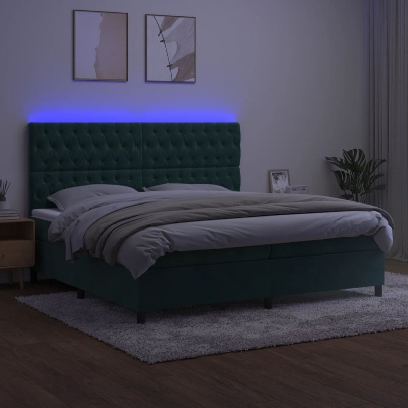 Łóżko kontynentalne z materacem i LED zielony aksamit 200x200cm