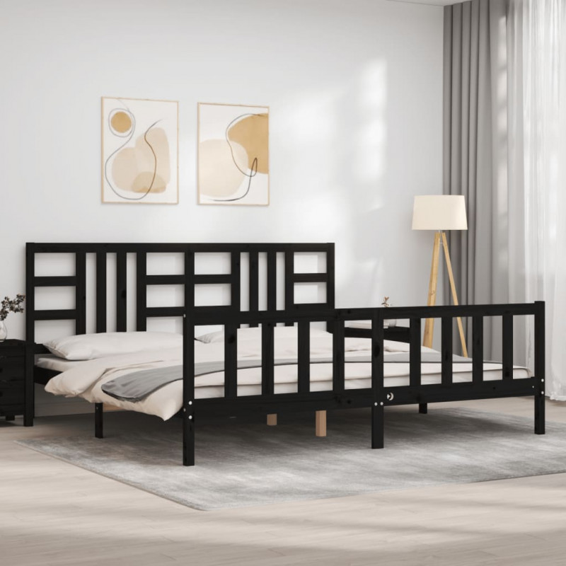 Rama łóżka z wezgłowiem, czarna, 200x200 cm, lite drewno