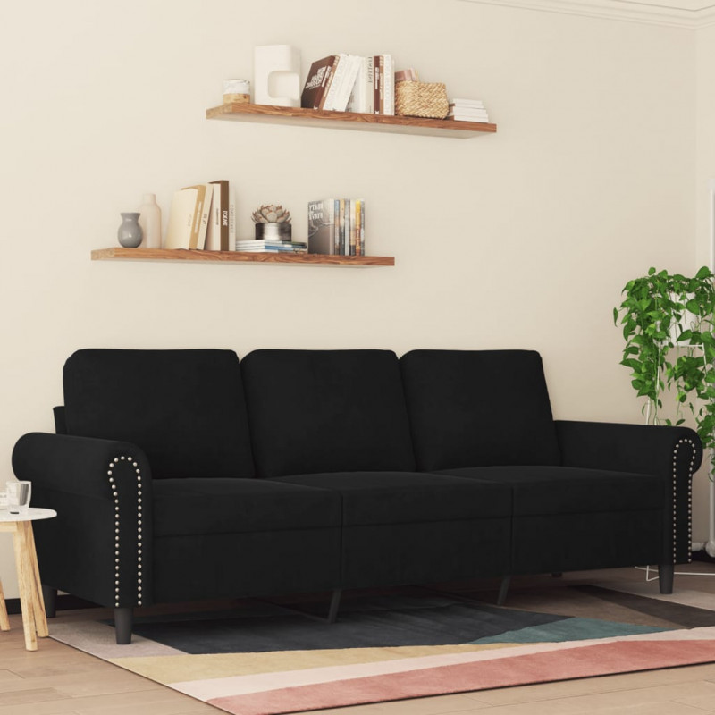 Sofa 3-osobowa, czarny, 180 cm, tapicerowana aksamitem