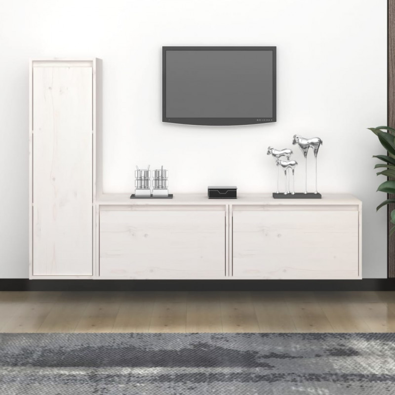Szafki pod TV, 3 szt., białe, lite drewno sosnowe