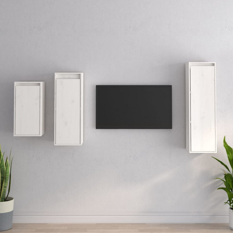 Szafki pod TV, 3 szt., białe, lite drewno sosnowe