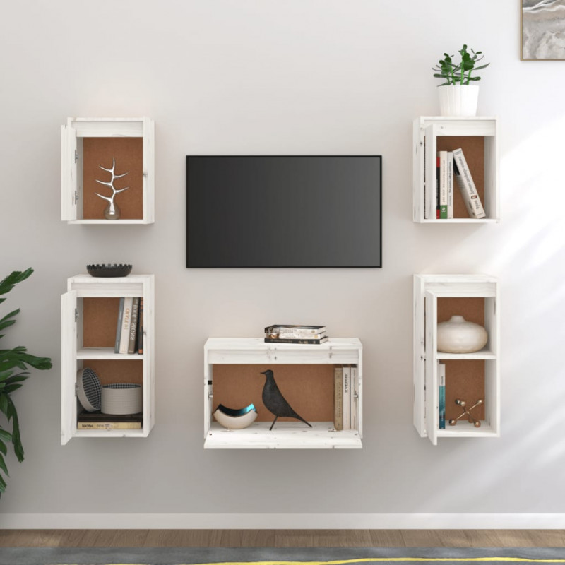 Szafki pod TV, 5 szt., białe, lite drewno sosnowe