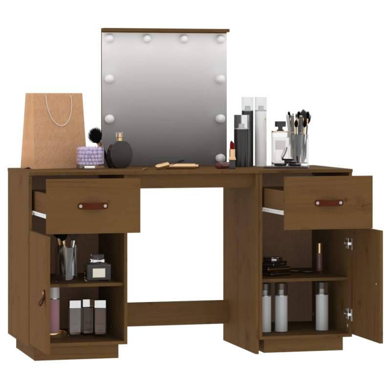 Toaletka z LED, miodowy brąz, lite drewno sosnowe