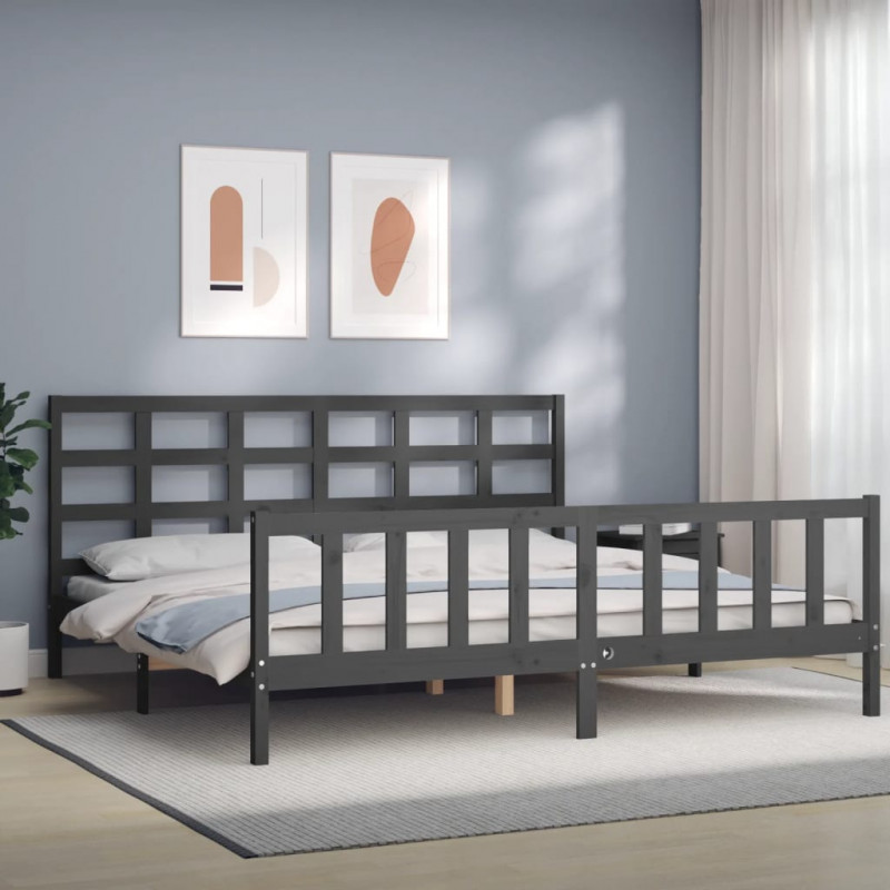 Rama łóżka z wezgłowiem, szara, 200x200 cm, lite drewno