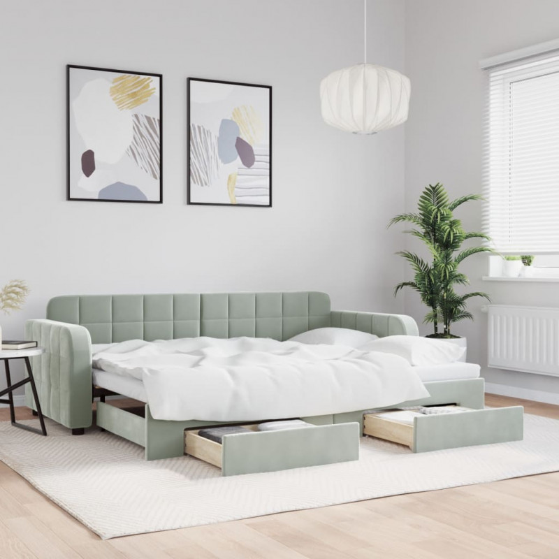 Sofa rozsuwana z szufladami, jasnoszara, 80x200 cm, aksamit