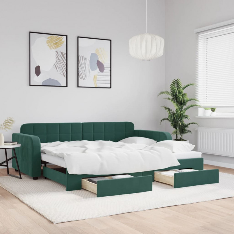 Sofa rozsuwana z szufladami, ciemnozielona, 90x200 cm, aksamit
