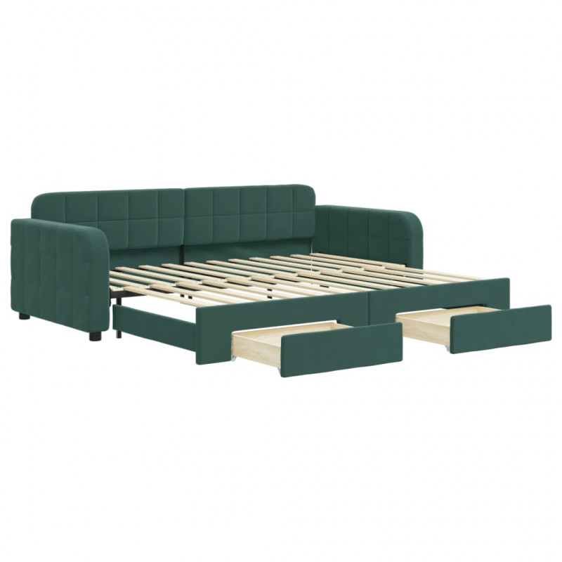 Sofa rozsuwana z szufladami, ciemnozielona, 90x200 cm, aksamit