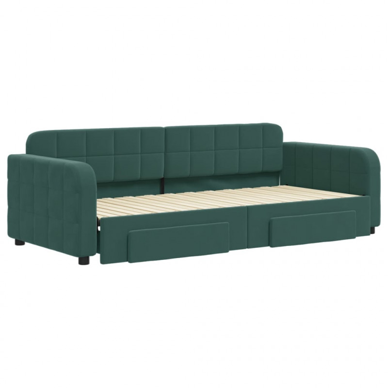 Sofa rozsuwana z szufladami, ciemnozielona, 90x200 cm, aksamit