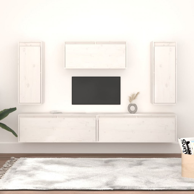 Szafki pod TV, 5 szt., białe, lite drewno sosnowe