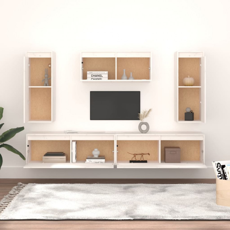 Szafki pod TV, 5 szt., białe, lite drewno sosnowe