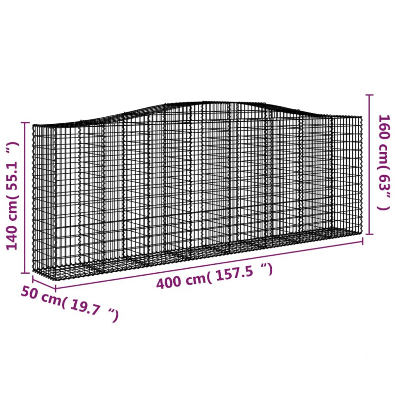 Kosze gabionowe, 9 szt, 400x50x140/160 cm, galwanizowane żelazo