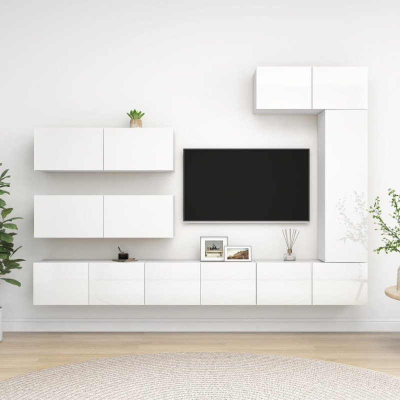 7-cz. zestaw szafek TV, biały, wysoki połysk
