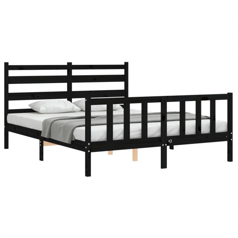 Rama łóżka z wezgłowiem, czarna, King Size, lite drewno