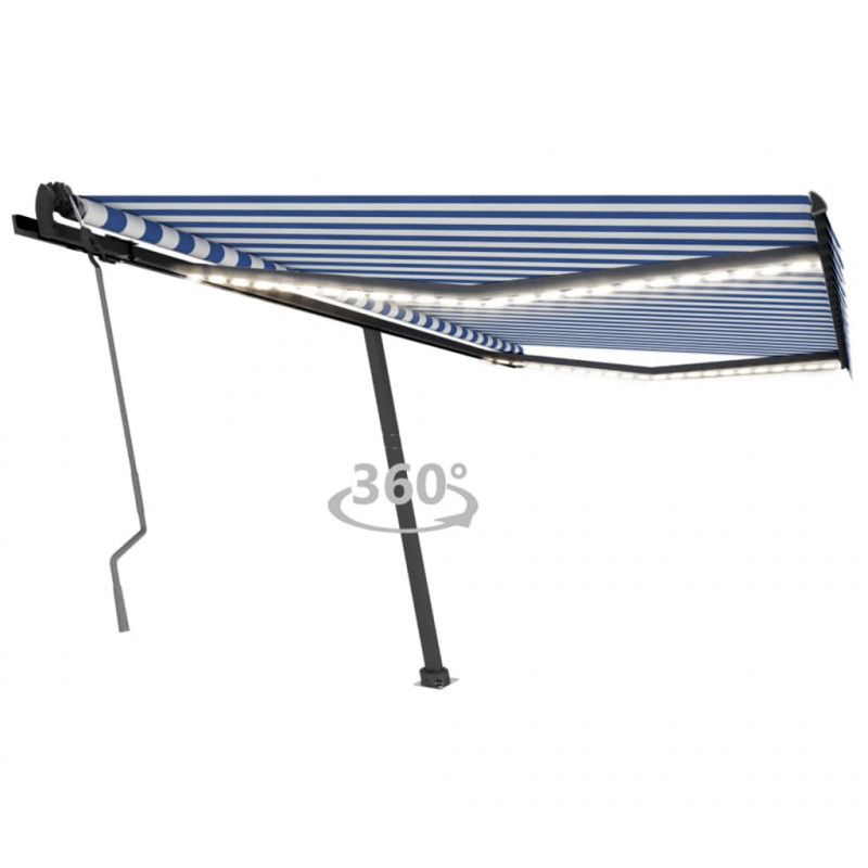 Ręcznie zwijana markiza z LED, 450x350 cm, niebiesko-biała
