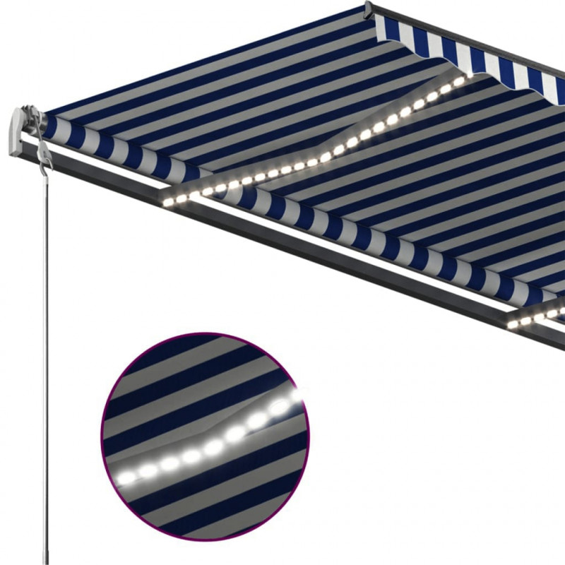 Ręcznie zwijana markiza z LED, 450x350 cm, niebiesko-biała