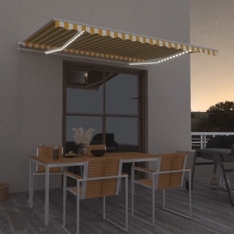 Ręcznie zwijana markiza z LED, 450x350 cm, żółto-biała