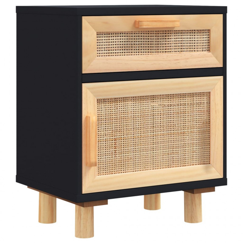 Szafki nocne, 2 szt., czarne, lite drewno sosnowe i rattan