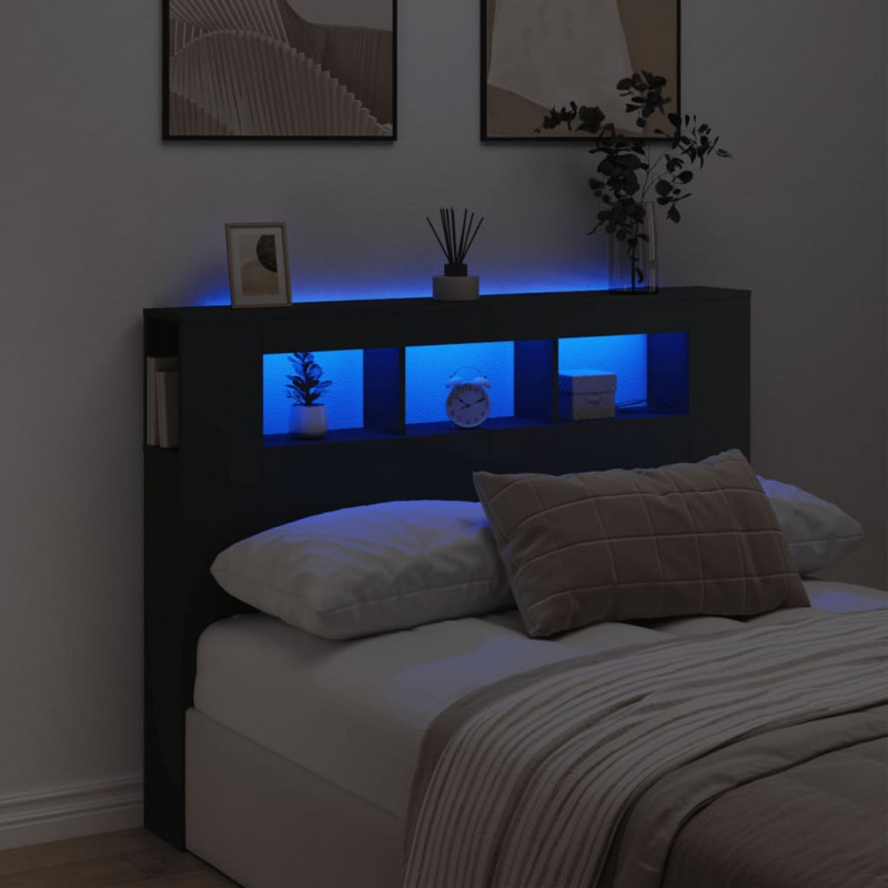 Wezgłowie łóżka z LED, czarne, 140x18,5x103,5 cm